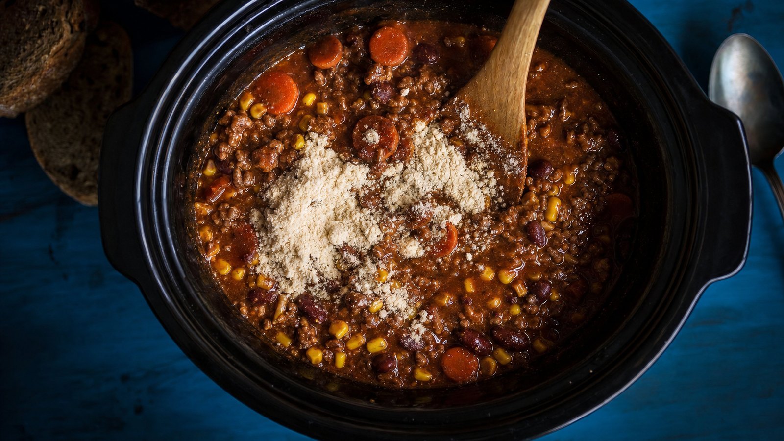 Slow Cooker Beef Chili: Remove the bay leaf. Sprinkle the masa harina over the chili and stir it in well. Cover and cook on HIGH for 1