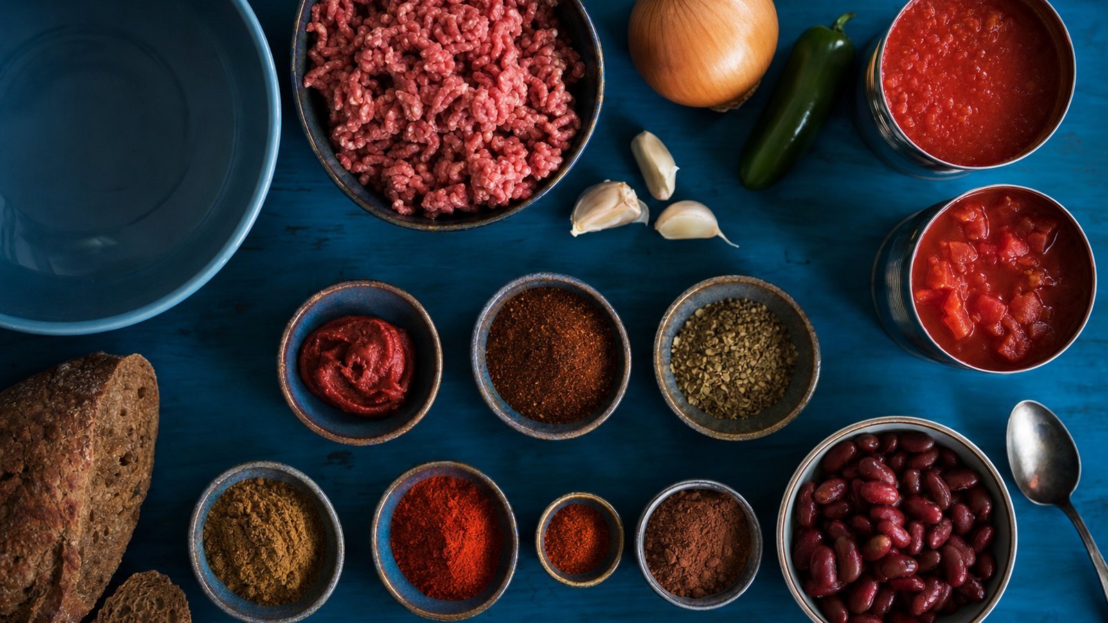 Ingredients for Slow Cooker Beef Chili laid out on the table