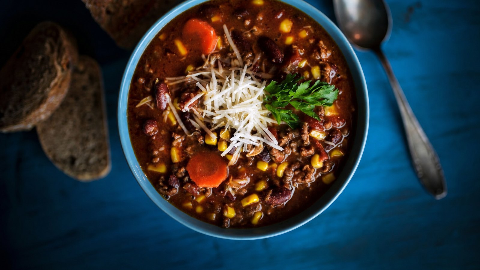 Slow Cooker Beef Chili, plated and ready to serve