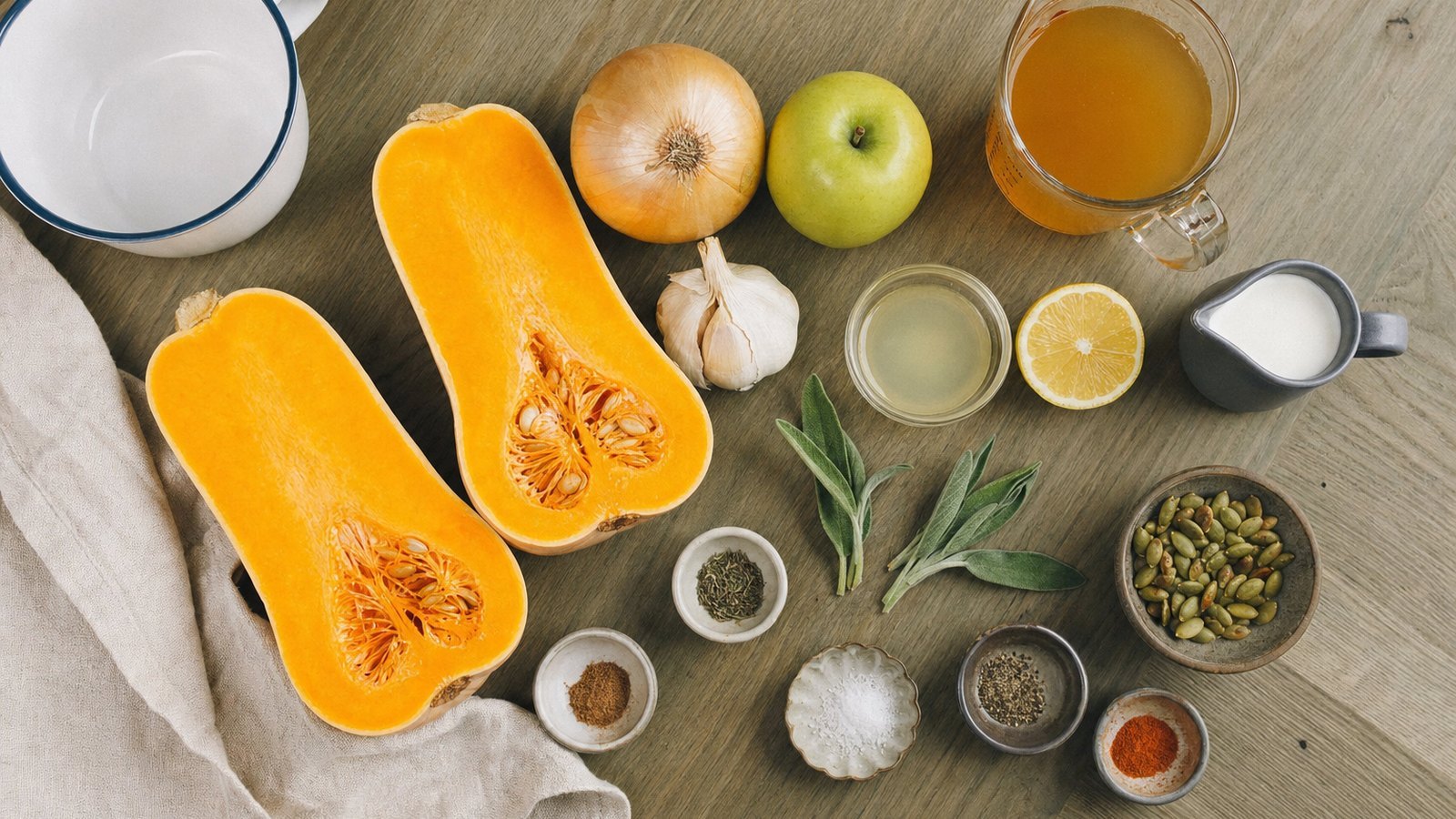 Ingredients for Slow Cooker Butternut Squash Soup laid out on the table