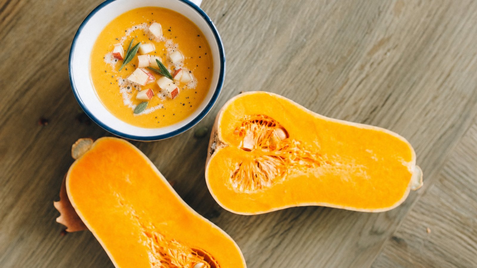 Slow Cooker Butternut Squash Soup, plated and ready to serve