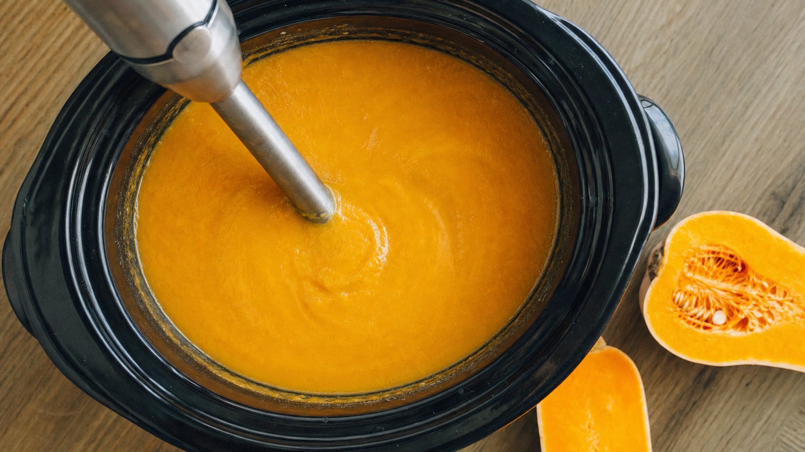 Slow Cooker Butternut Squash Soup: Turn off the slow cooker. Using an immersion blender with the blade fully submerged, blend the soup for about