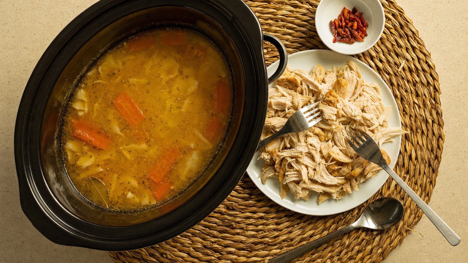 Slow Cooker Chicken and Dumplings: Transfer the chicken to a plate and shred it with two forks. Discard the bay leaf. Turn the cooker to HIGH