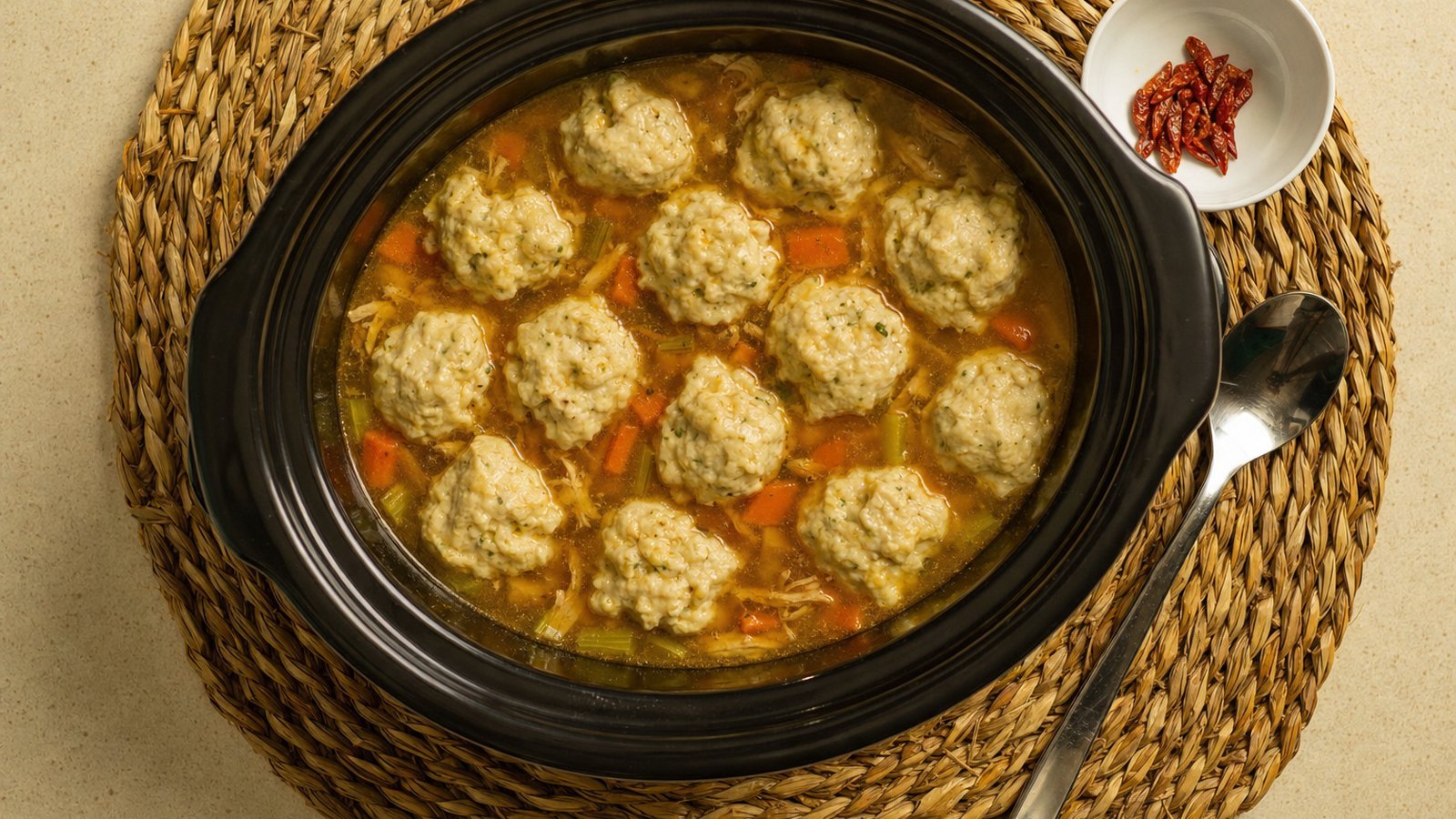 Slow Cooker Chicken and Dumplings: Drop the dough by heaping tablespoons onto the surface of the stew, spacing the dumplings about 1 inch apart.