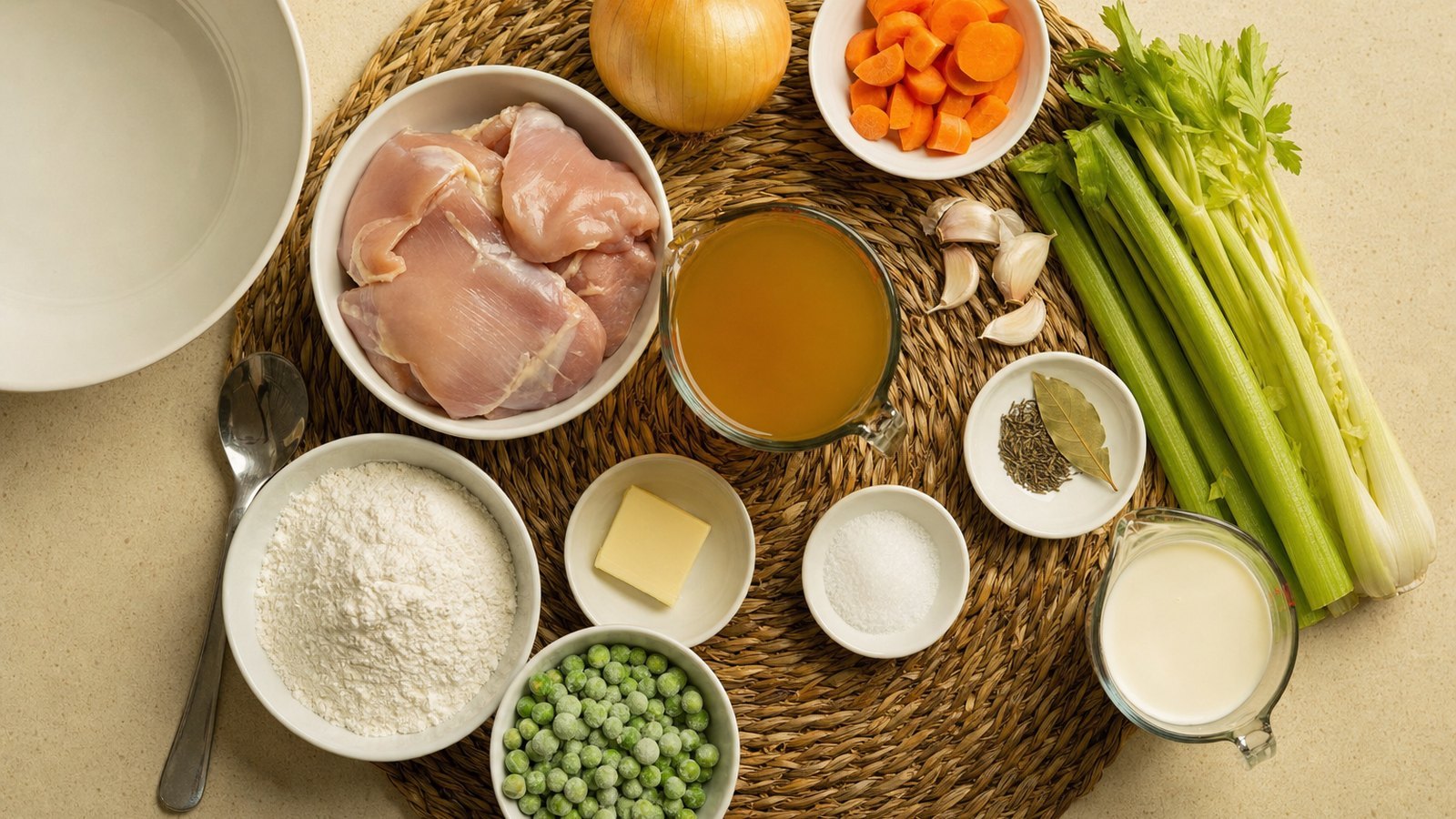 Ingredients for Slow Cooker Chicken and Dumplings laid out on the table