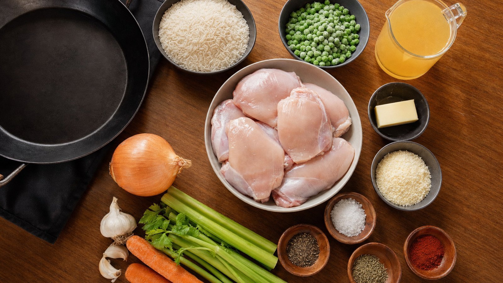 Ingredients for Slow Cooker Chicken and Rice laid out on the table