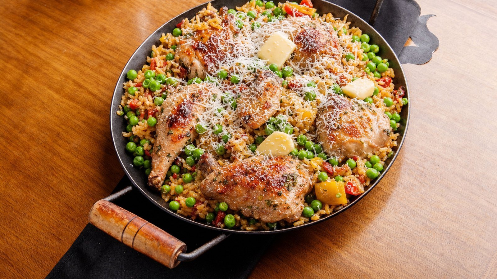 Slow Cooker Chicken and Rice: Stir in the peas, butter and Parmesan. Cover for 5 minutes to heat the peas through