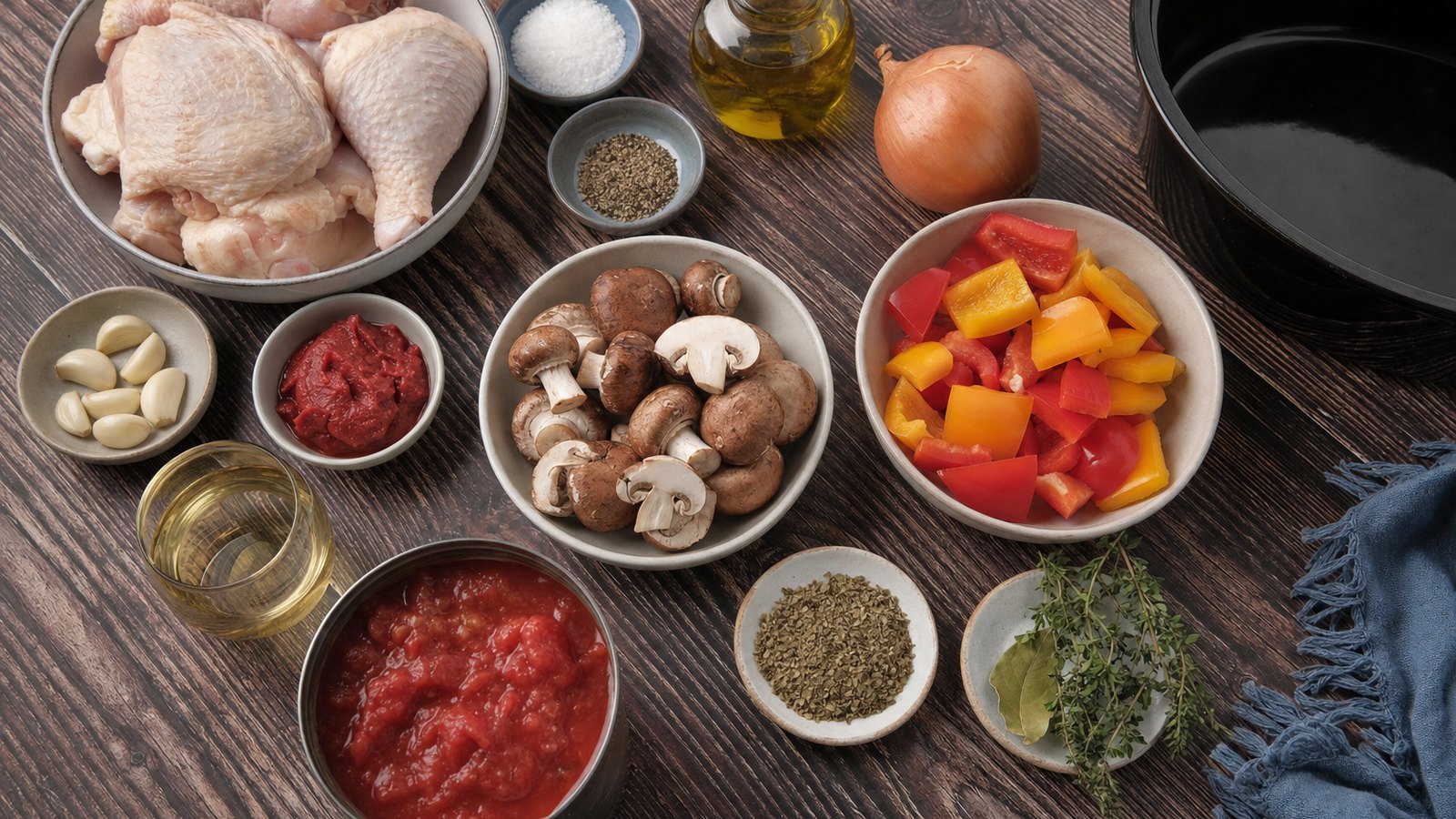 Ingredients for Slow Cooker Chicken Cacciatore laid out on the table