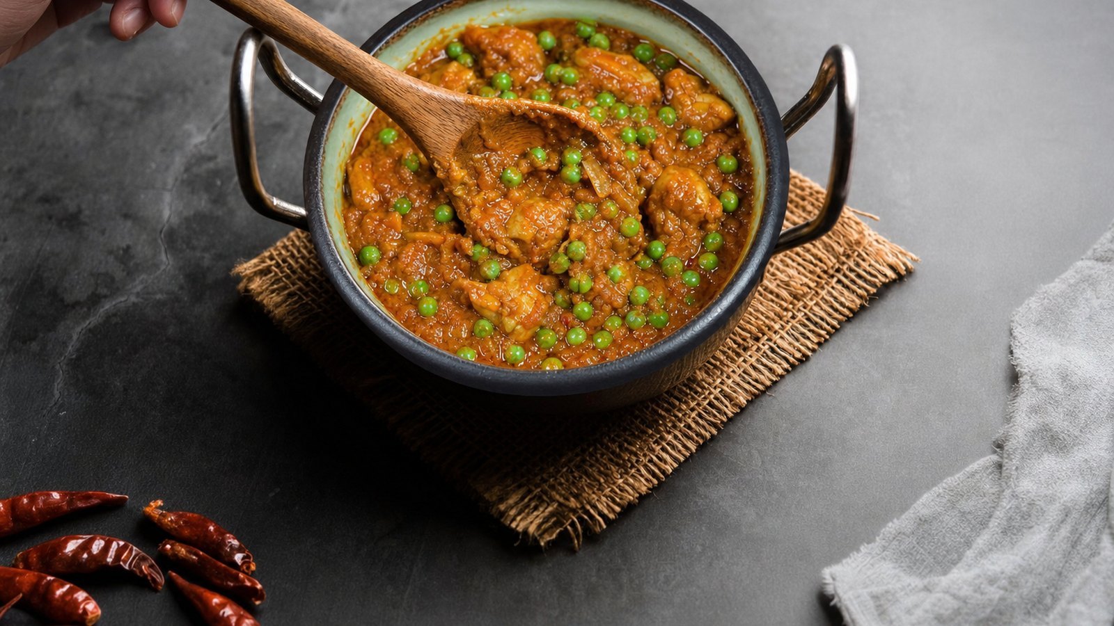 Slow Cooker Chicken Curry: Stir in the frozen peas and cook 10 minutes more. If the sauce is thin, mash a few potato pieces against the s