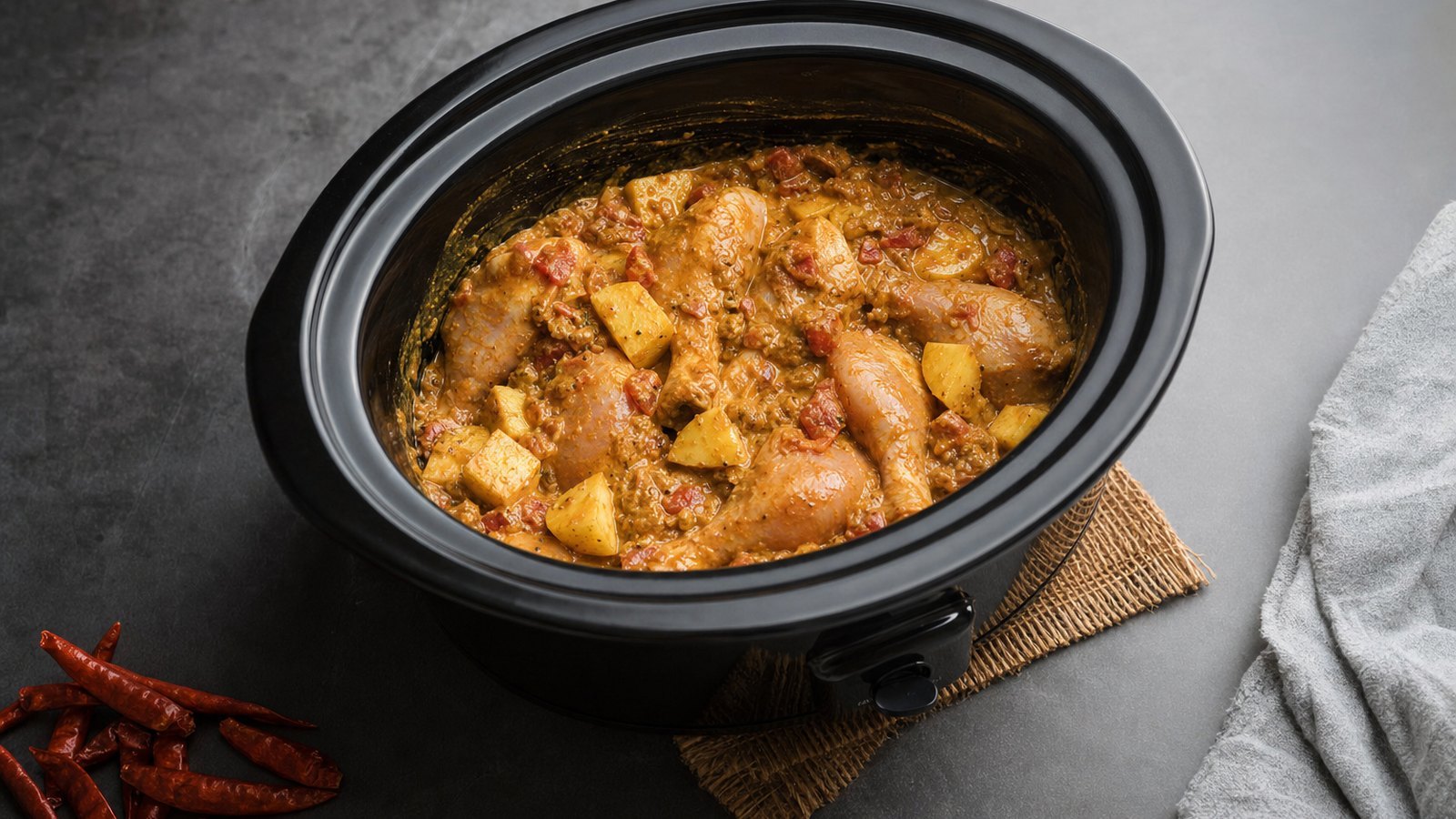 Slow Cooker Chicken Curry: Scrape the onion and spice mixture into a 6 quart slow cooker. Add the fully thawed chicken, potatoes, diced t
