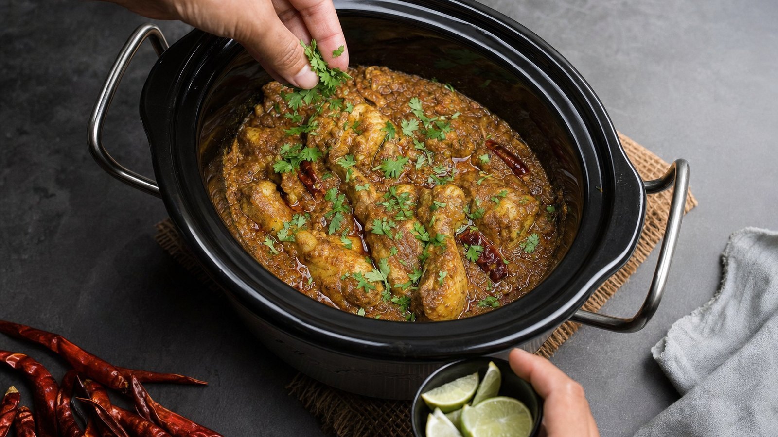 Slow Cooker Chicken Curry: Turn off the slow cooker. Stir in the lime juice and most of the cilantro. Taste and add salt 1/4 tsp at a tim