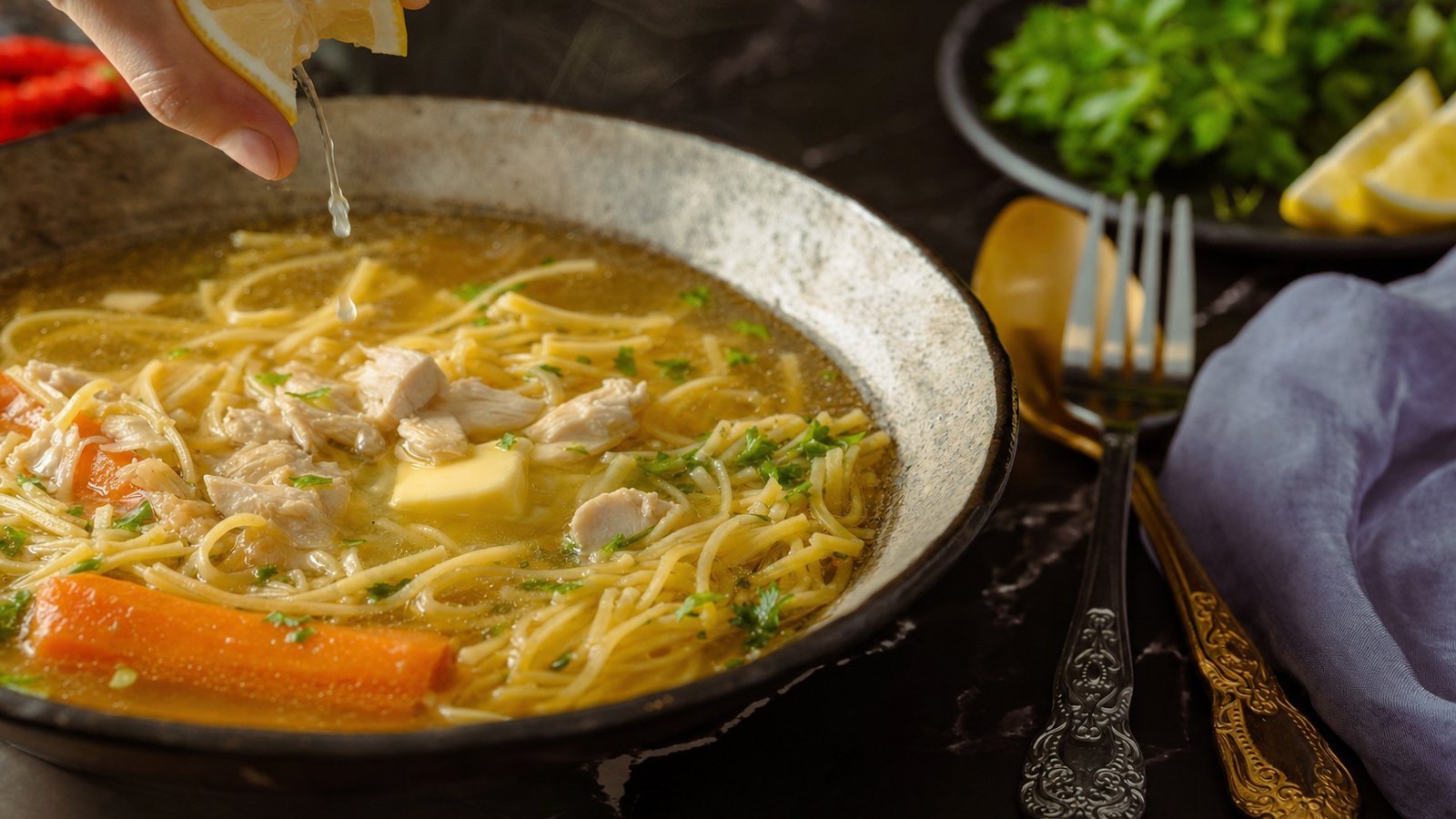 Slow Cooker Chicken Noodle Soup: Remove the bay leaf and thyme stems. Stir in the butter, lemon juice and parsley