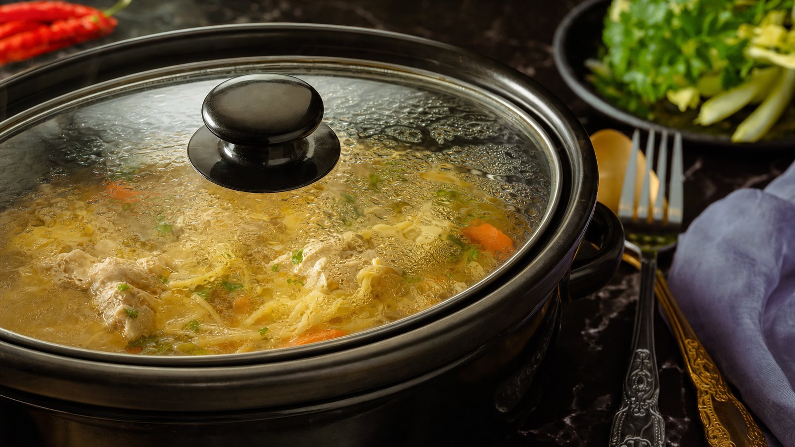 Slow Cooker Chicken Noodle Soup: Cover and cook on LOW for 6 to 7 hours or on HIGH for 3 to 4 hours. Do not lift the lid during cooking. The ch