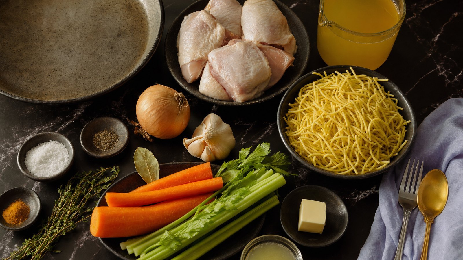 Ingredients for Slow Cooker Chicken Noodle Soup laid out on the table