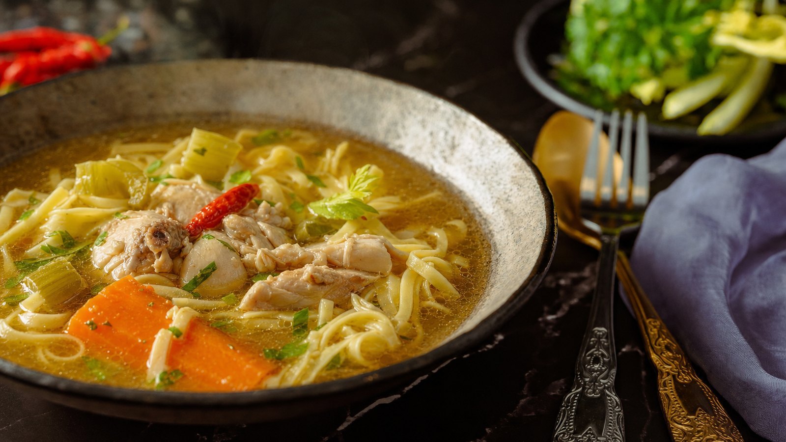 Slow Cooker Chicken Noodle Soup, plated and ready to serve