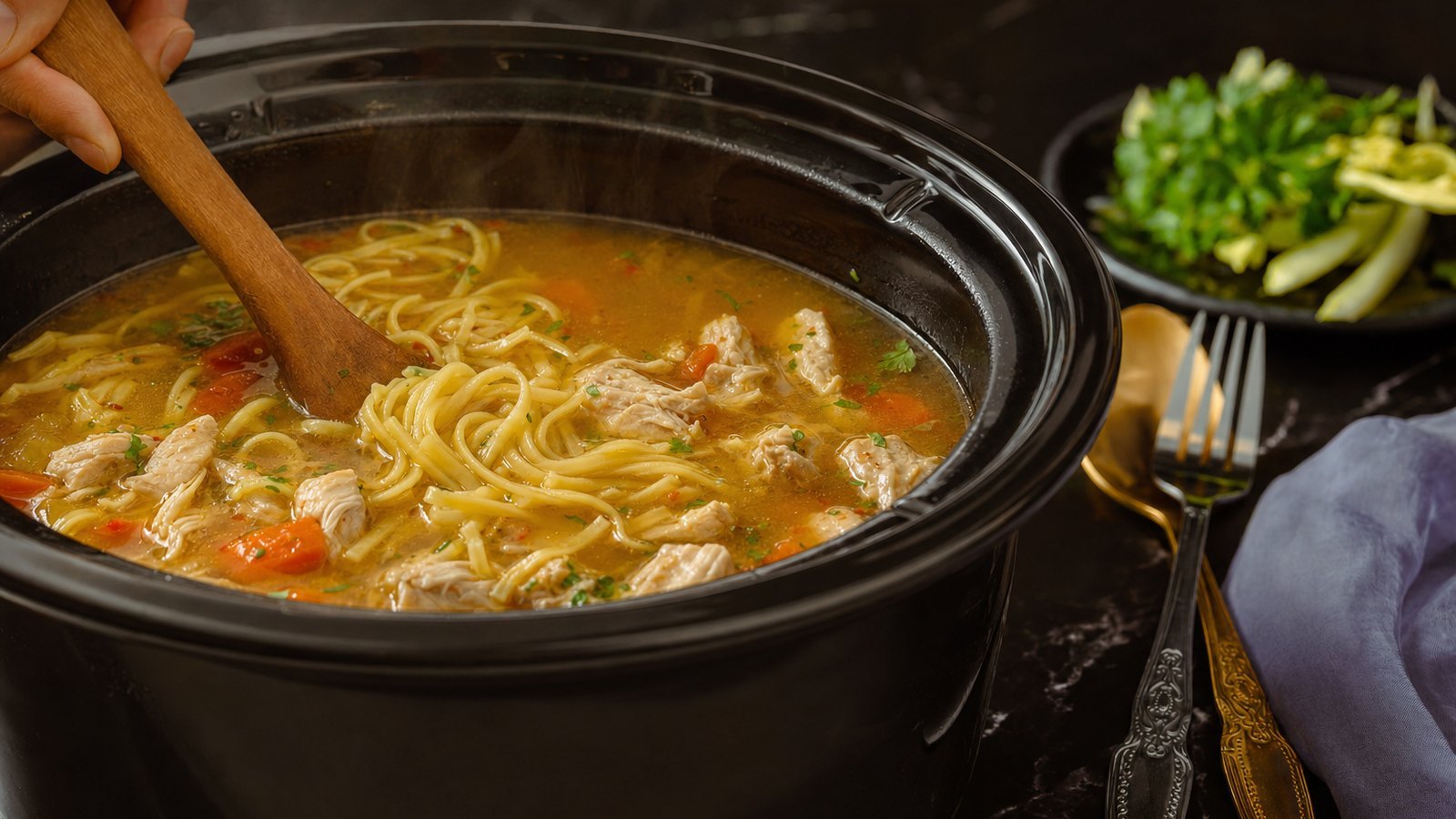 Slow Cooker Chicken Noodle Soup: Turn the slow cooker to HIGH. Return the chicken to the pot and stir in the egg noodles. Cover and cook for 20