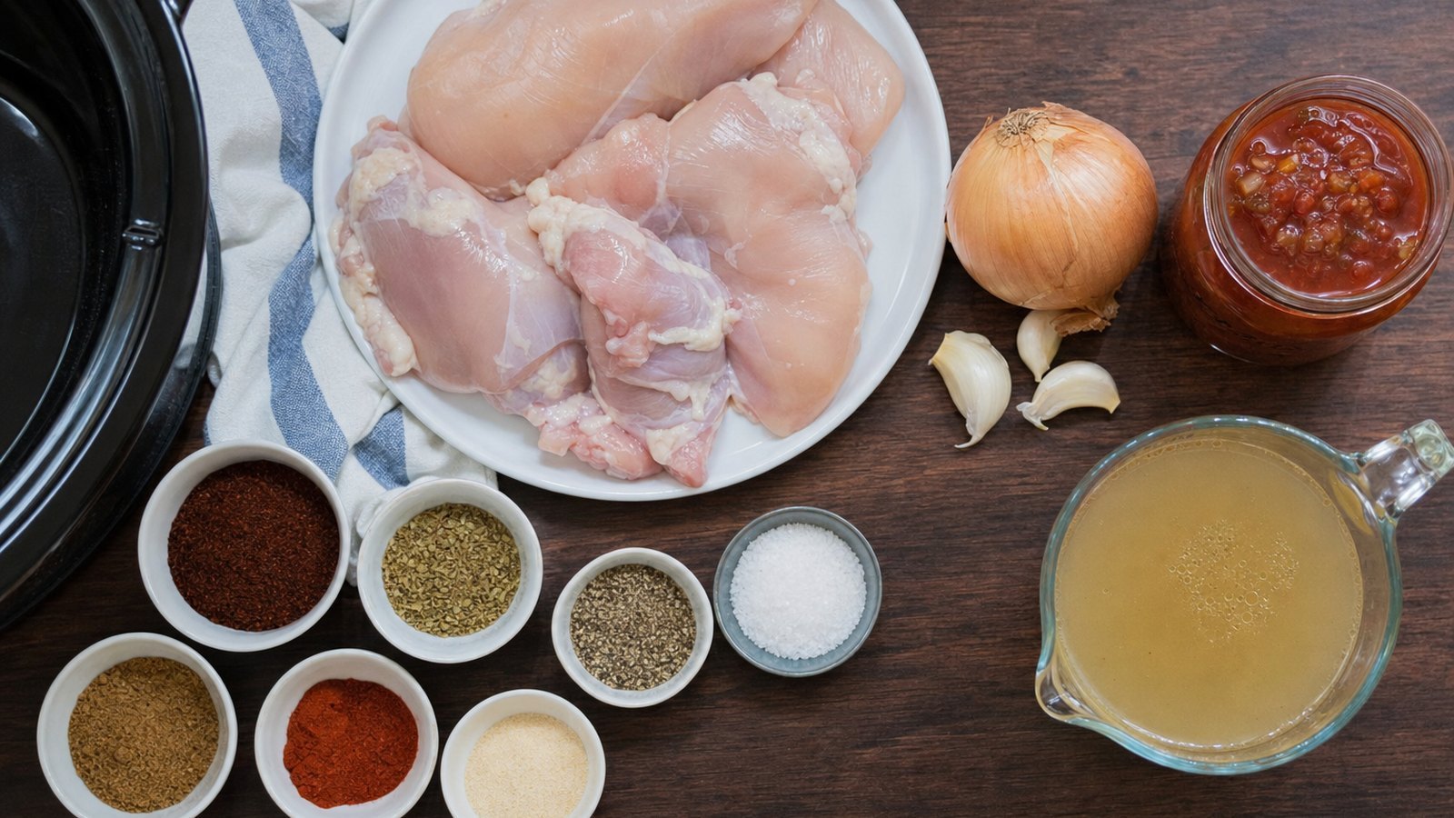 Ingredients for Slow Cooker Chicken Tacos laid out on the table