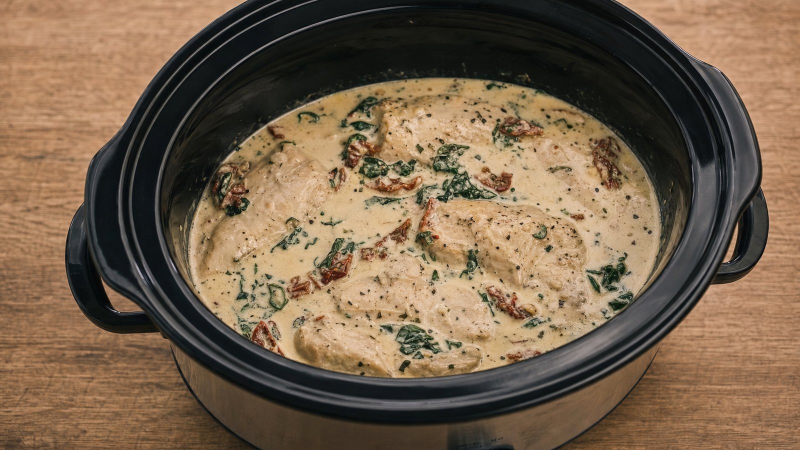Slow Cooker Creamy Tuscan Chicken: Return the chicken to the sauce, cover and cook on HIGH for 15 to 20 minutes until the sauce is hot and slight
