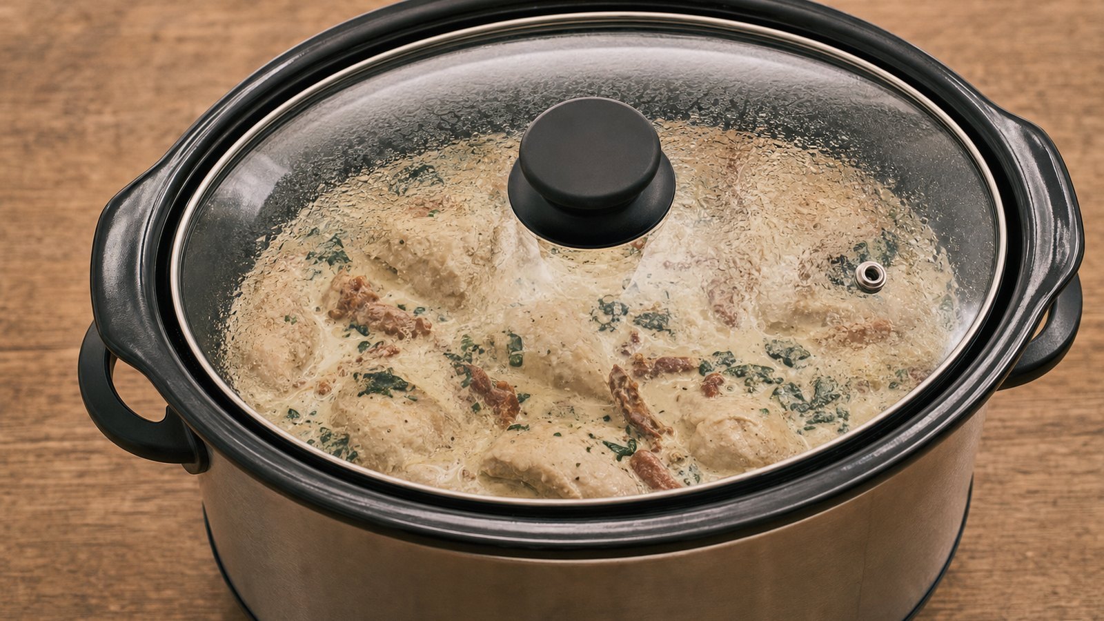 Slow Cooker Creamy Tuscan Chicken: Cover and cook on LOW for 3 to 4 hours or on HIGH for 2 to 2 1/2 hours without lifting the lid, until the chic