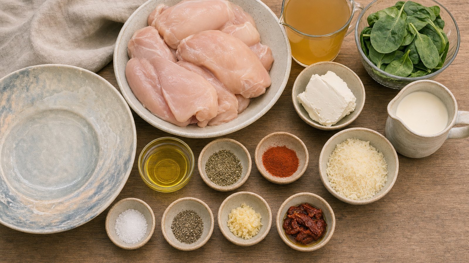 Ingredients for Slow Cooker Creamy Tuscan Chicken laid out on the table