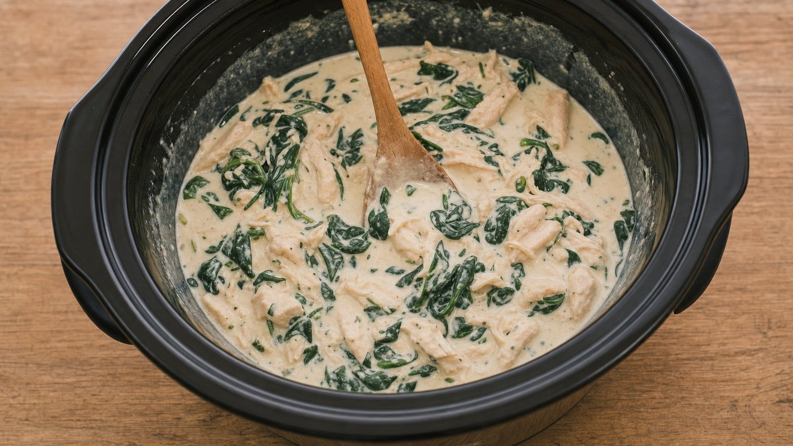 Slow Cooker Creamy Tuscan Chicken: Whisk the softened cream cheese into the hot liquid until smooth. Stir in the heavy cream and Parmesan, then a