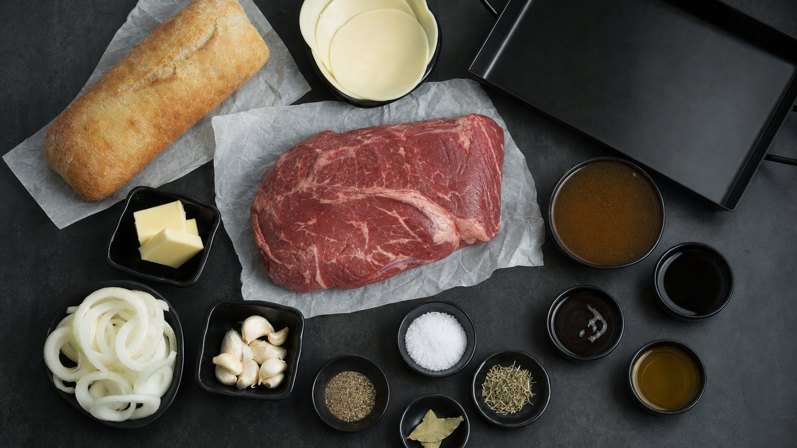 Ingredients for Slow Cooker French Dip Sandwiches laid out on the table