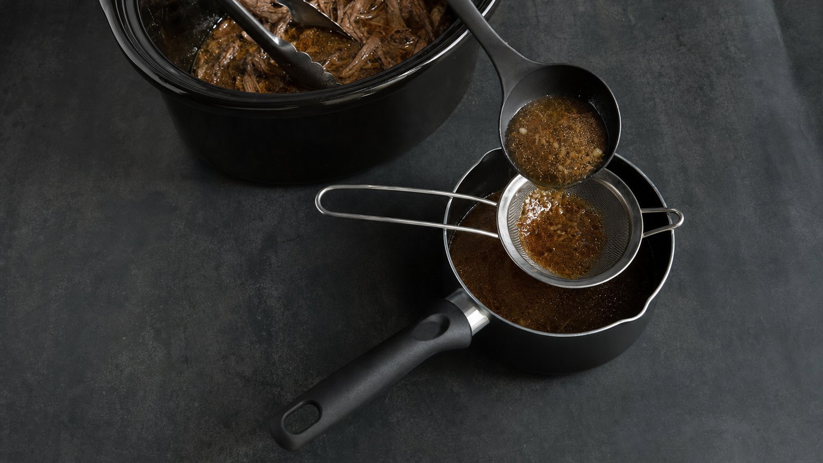 Slow Cooker French Dip Sandwiches: Ladle 2 cups of the cooking liquid through a fine mesh strainer into a small saucepan. Skim the fat. Taste and