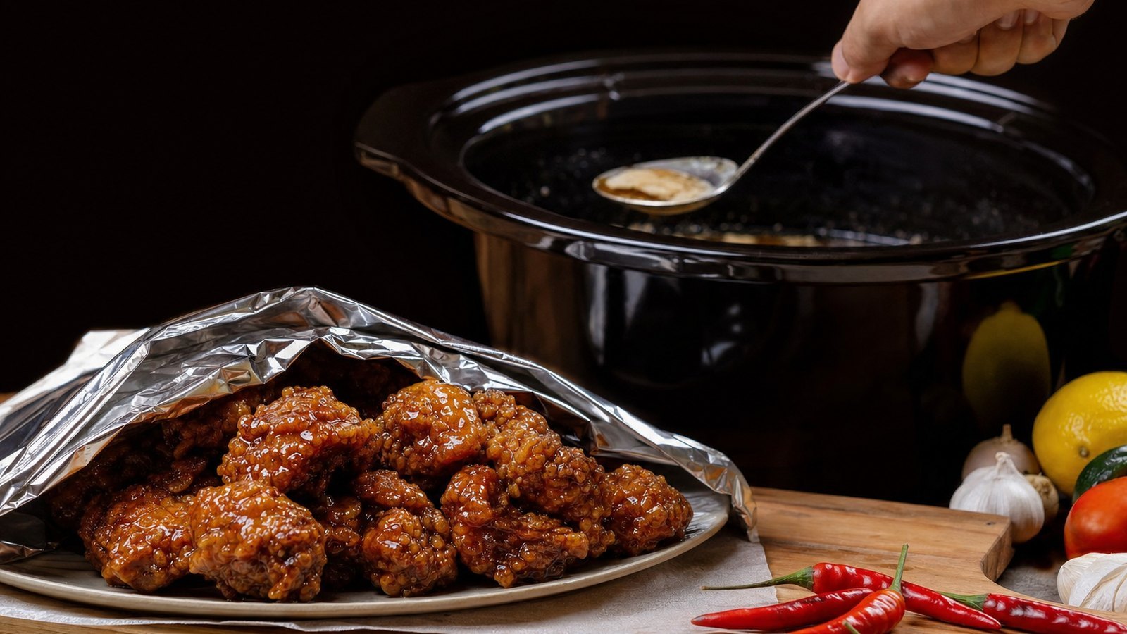 Slow Cooker Honey Garlic Chicken: Transfer the chicken to a plate and tent loosely with foil. Skim any fat from the surface of the liquid in the