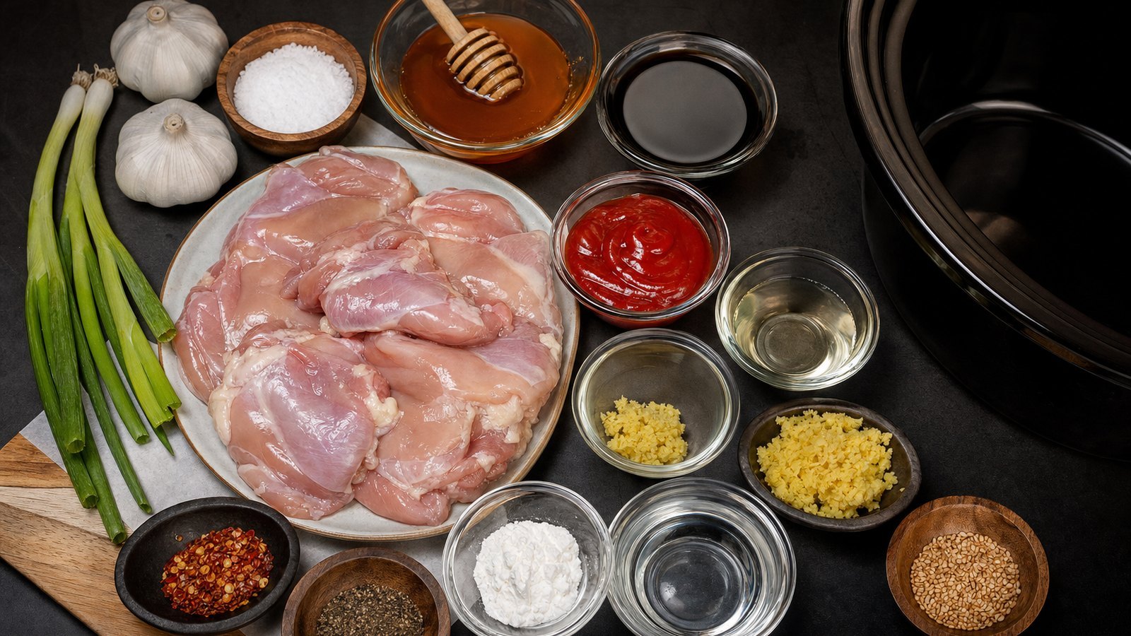 Ingredients for Slow Cooker Honey Garlic Chicken laid out on the table