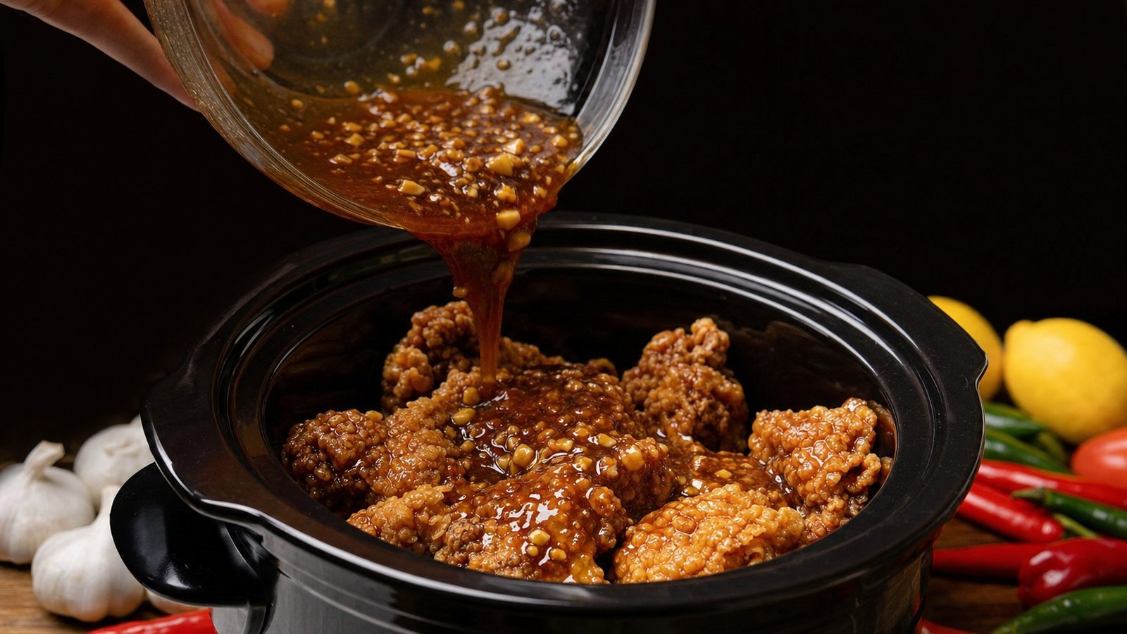 Slow Cooker Honey Garlic Chicken: Pour the sauce over the chicken and turn each piece to coat. Cover with the lid