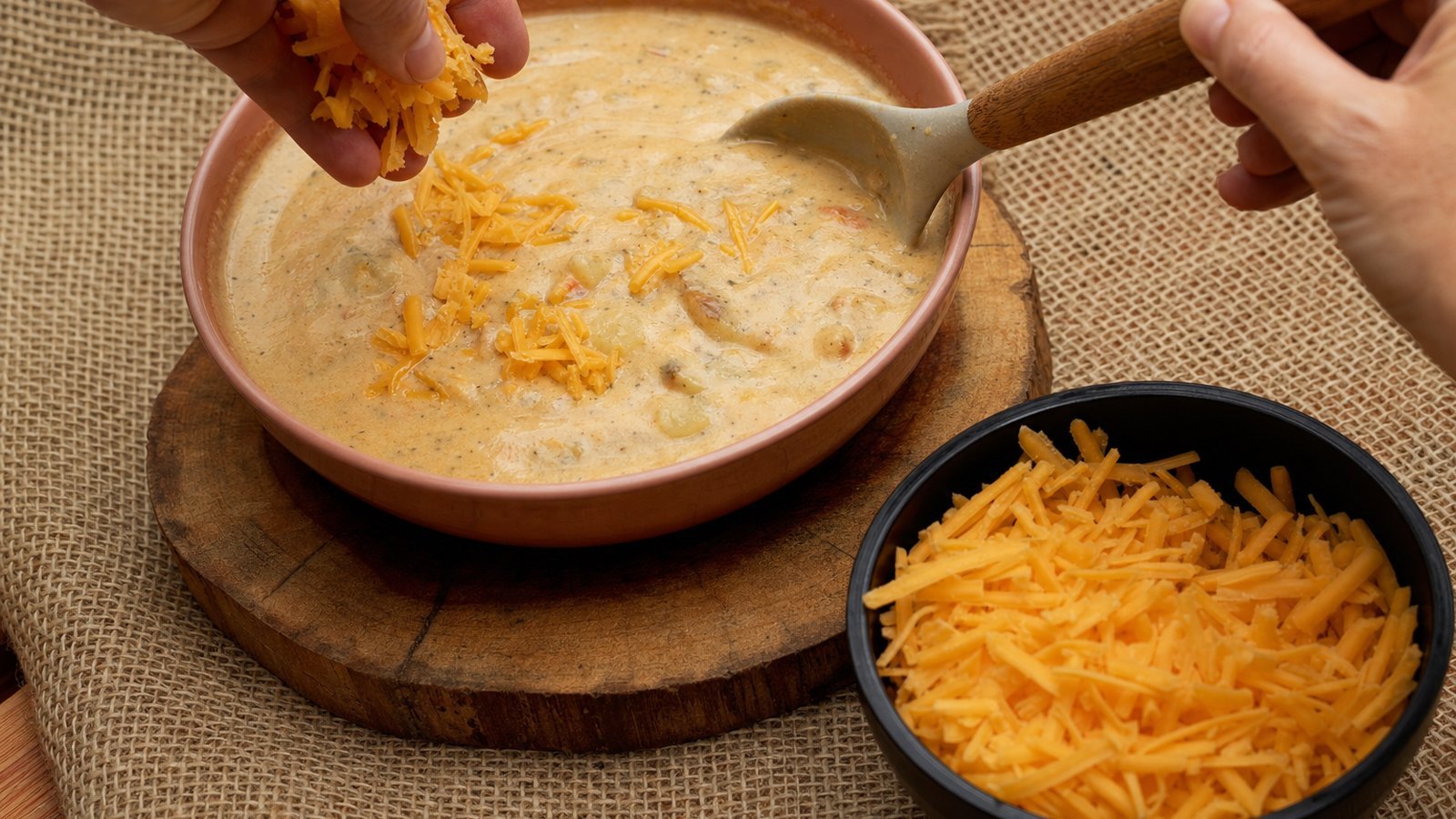 Slow Cooker Loaded Potato Soup: Add the grated cheddar a handful at a time, stirring until each addition melts before adding the next