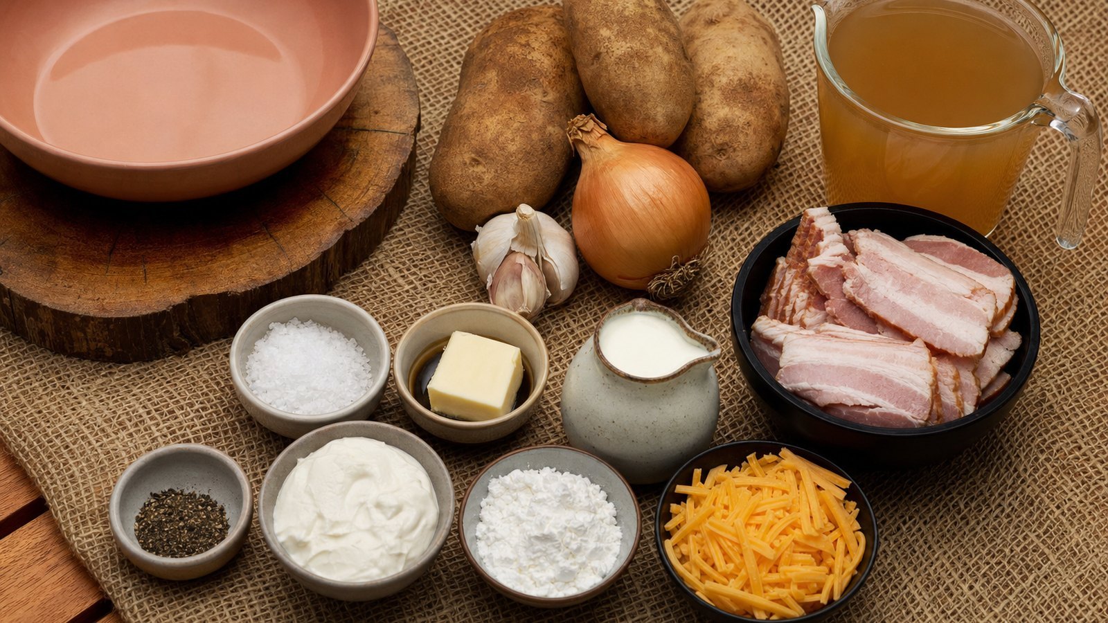 Ingredients for Slow Cooker Loaded Potato Soup laid out on the table