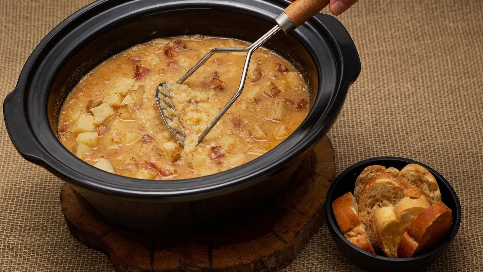 Slow Cooker Loaded Potato Soup: Mash about half of the potatoes directly in the slow cooker with a potato masher, leaving the rest in chunks