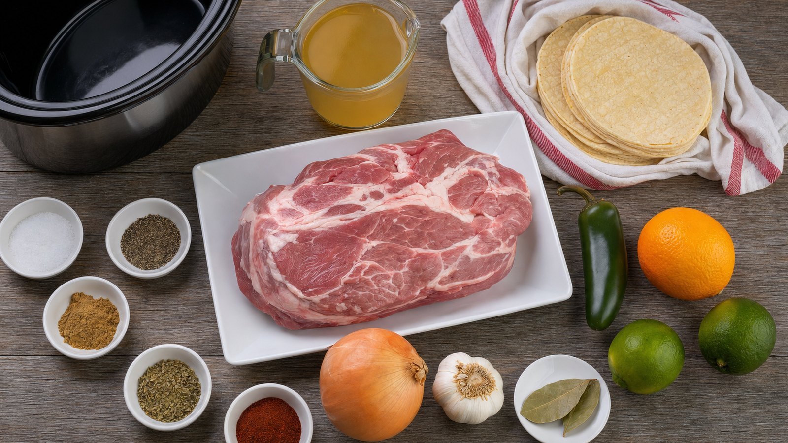 Ingredients for Slow Cooker Pork Carnitas laid out on the table