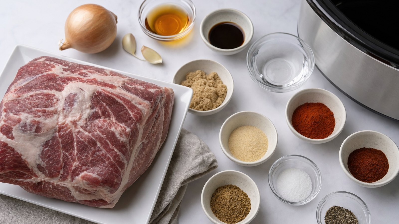 Ingredients for Slow Cooker Pulled Pork laid out on the table