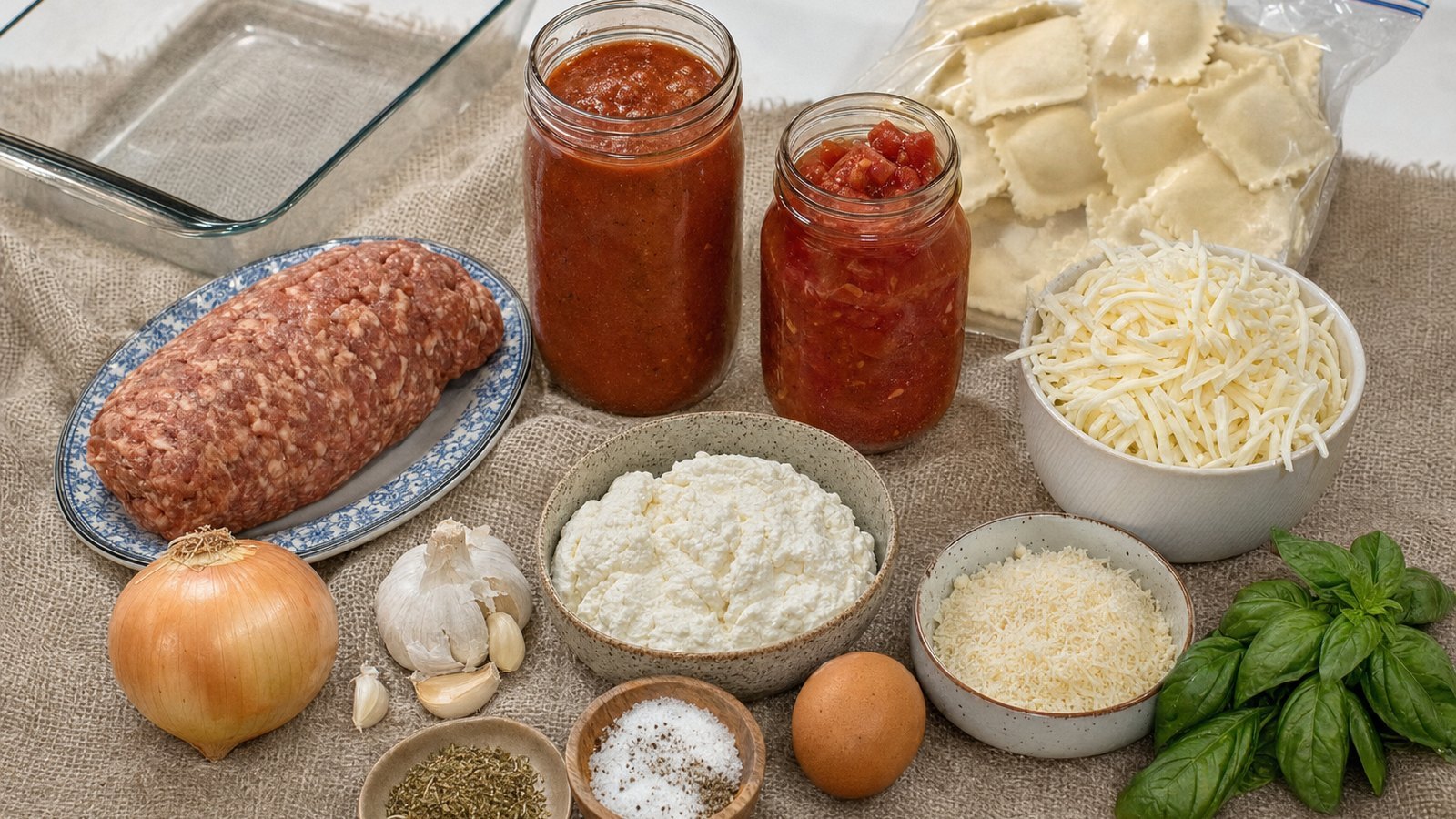 Ingredients for Slow Cooker Ravioli Lasagna laid out on the table