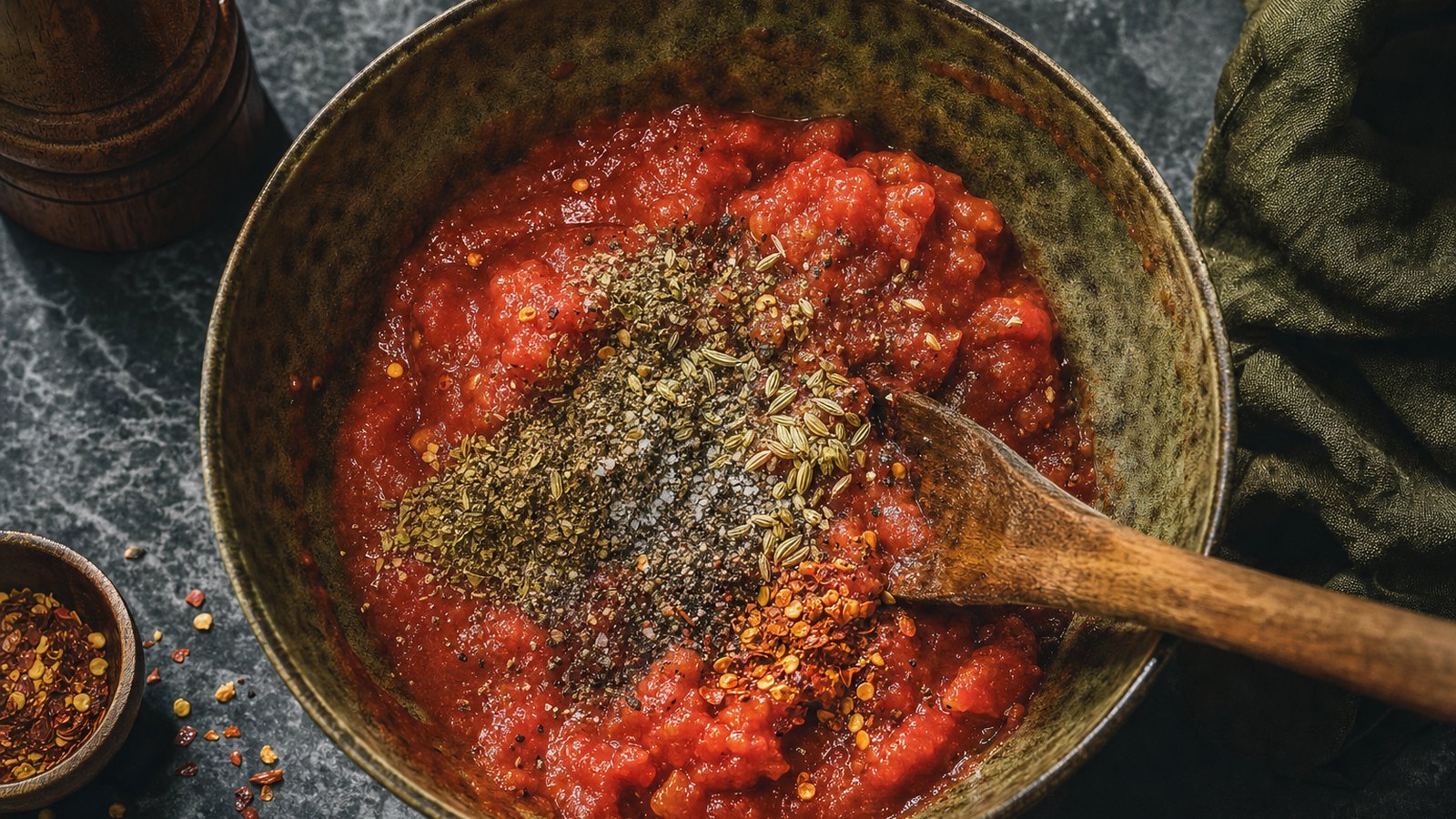 Slow Cooker Sausage and Peppers: In a bowl, stir together the crushed tomatoes, tomato paste, Italian seasoning, oregano, fennel seed, red pepp