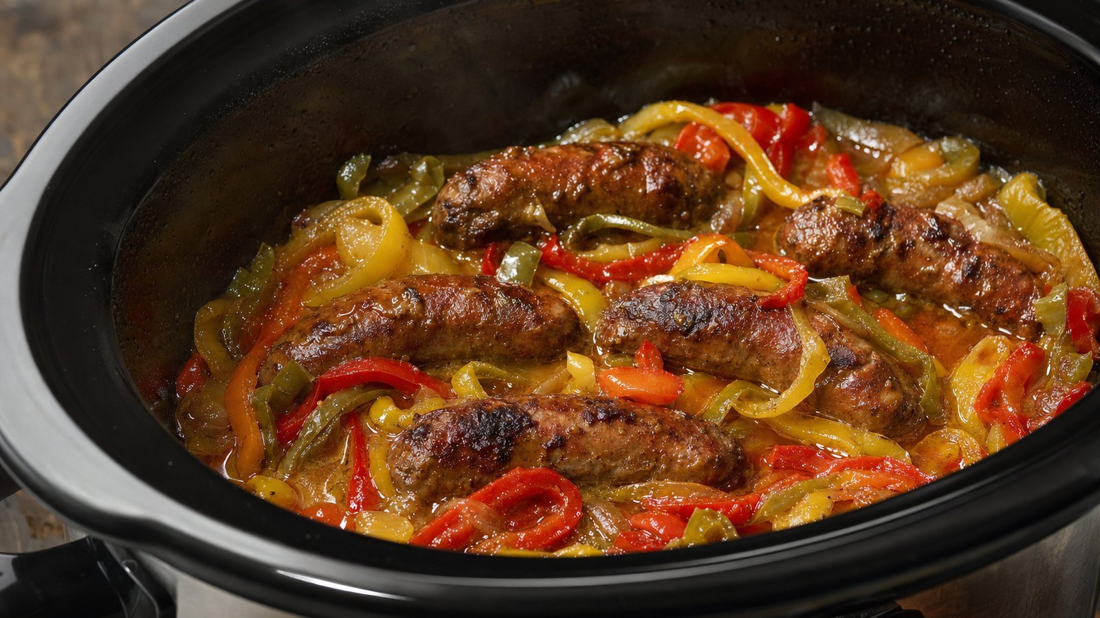 Slow Cooker Sausage and Peppers: Cover and cook on LOW for 5 to 6 hours or on HIGH for 3 hours without lifting the lid, until the sausages reac