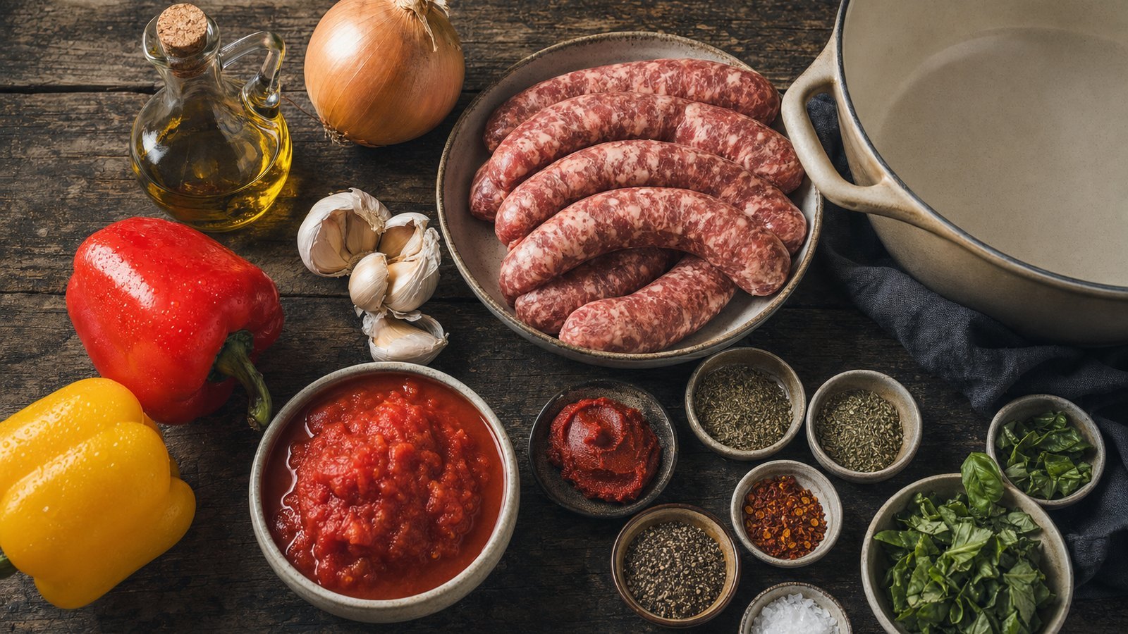 Ingredients for Slow Cooker Sausage and Peppers laid out on the table