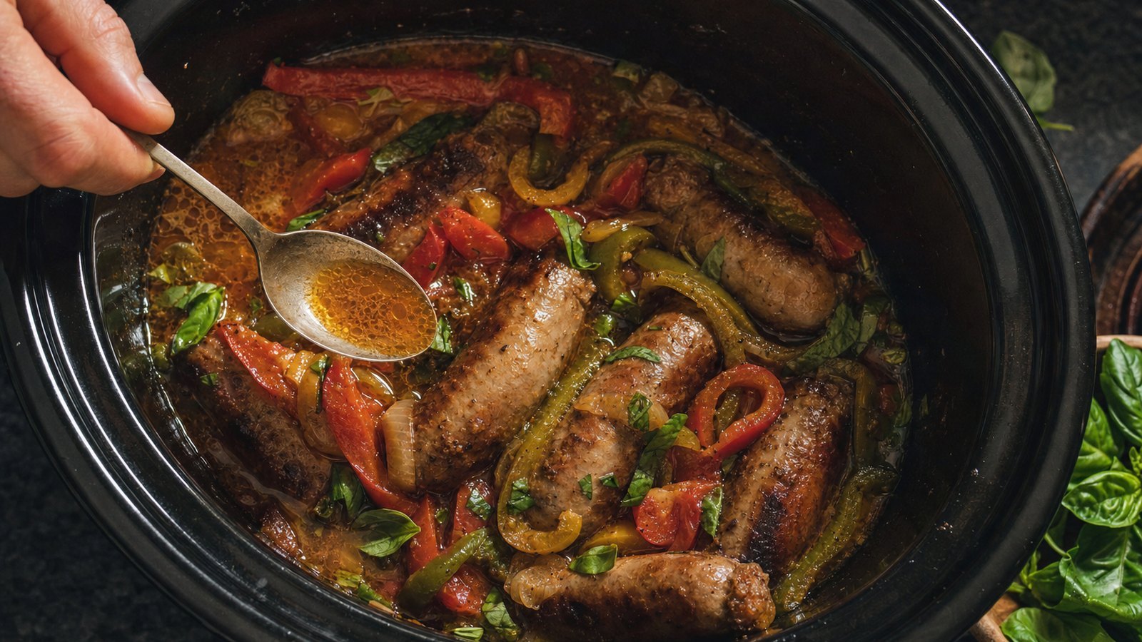 Slow Cooker Sausage and Peppers: Skim any fat from the surface, stir in the basil and taste for salt