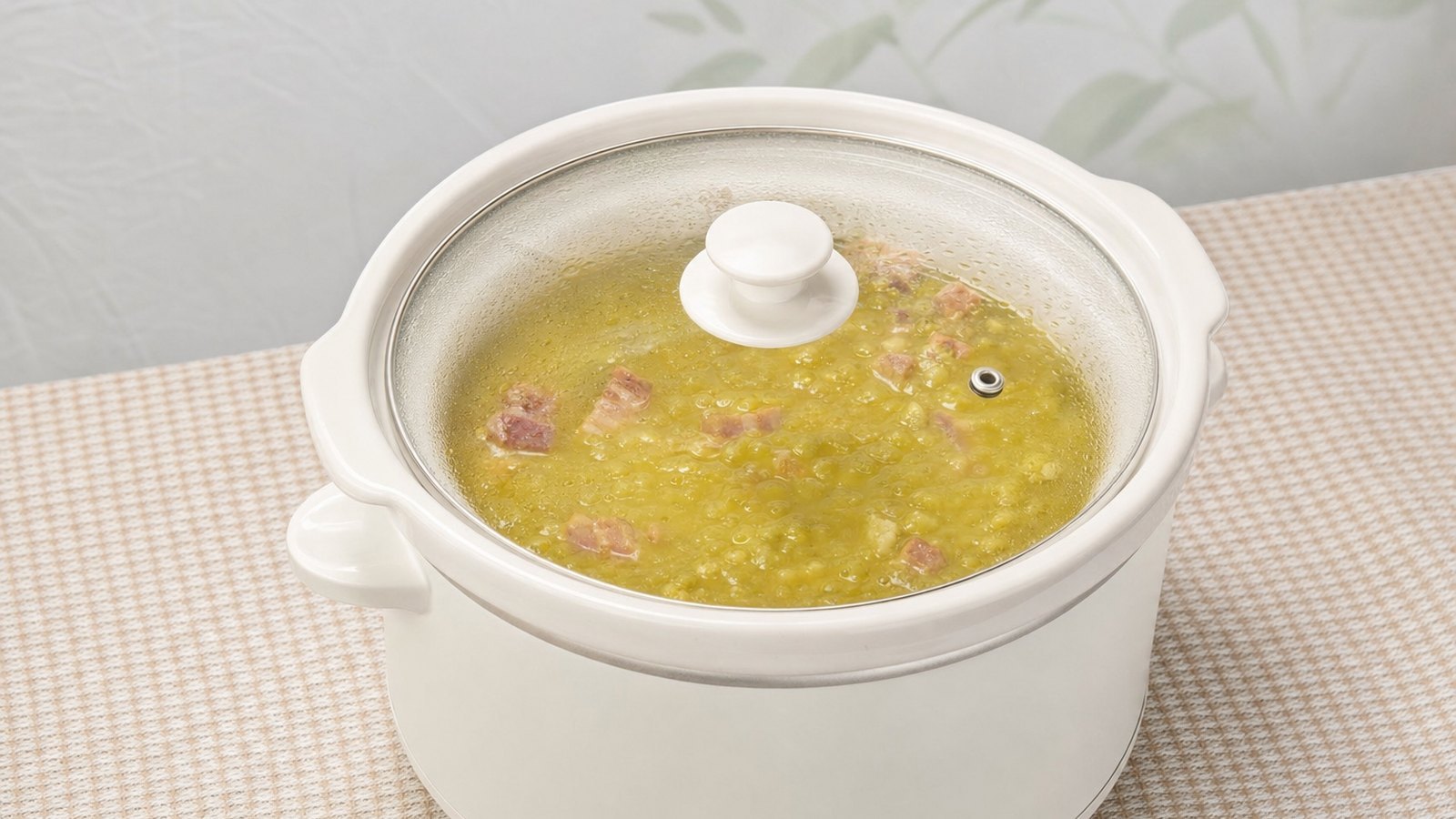 Slow Cooker Split Pea Soup with Ham: Cover and cook on LOW for 8 to 9 hours or on HIGH for 4 1/2 to 5 1/2 hours, until the peas have fully broken d