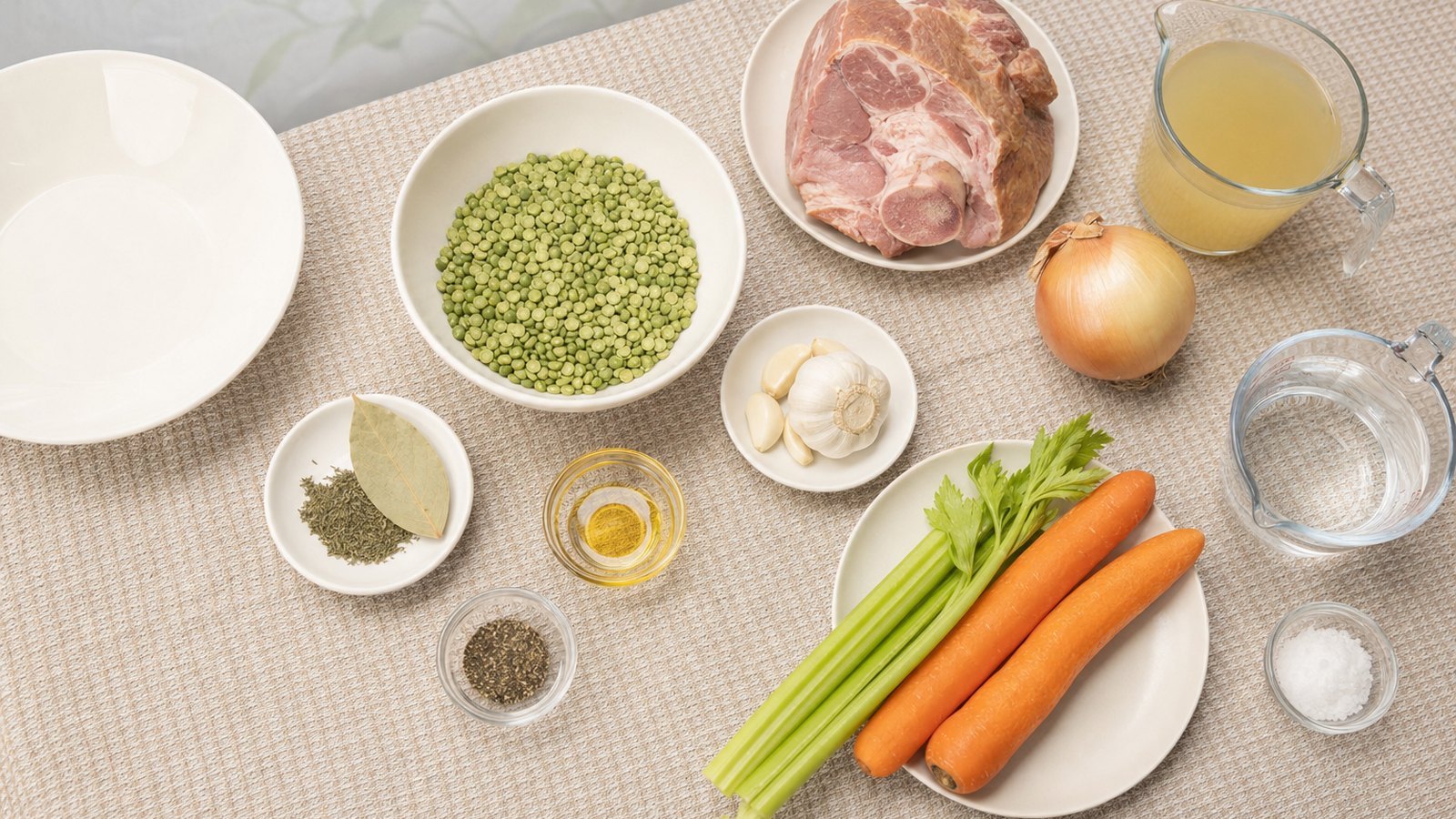 Ingredients for Slow Cooker Split Pea Soup with Ham laid out on the table