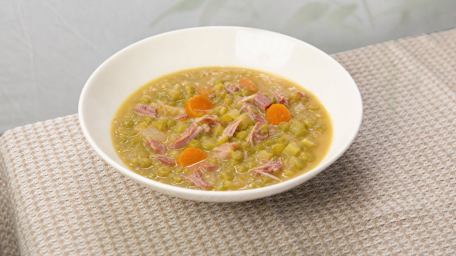 Slow Cooker Split Pea Soup with Ham, plated and ready to serve