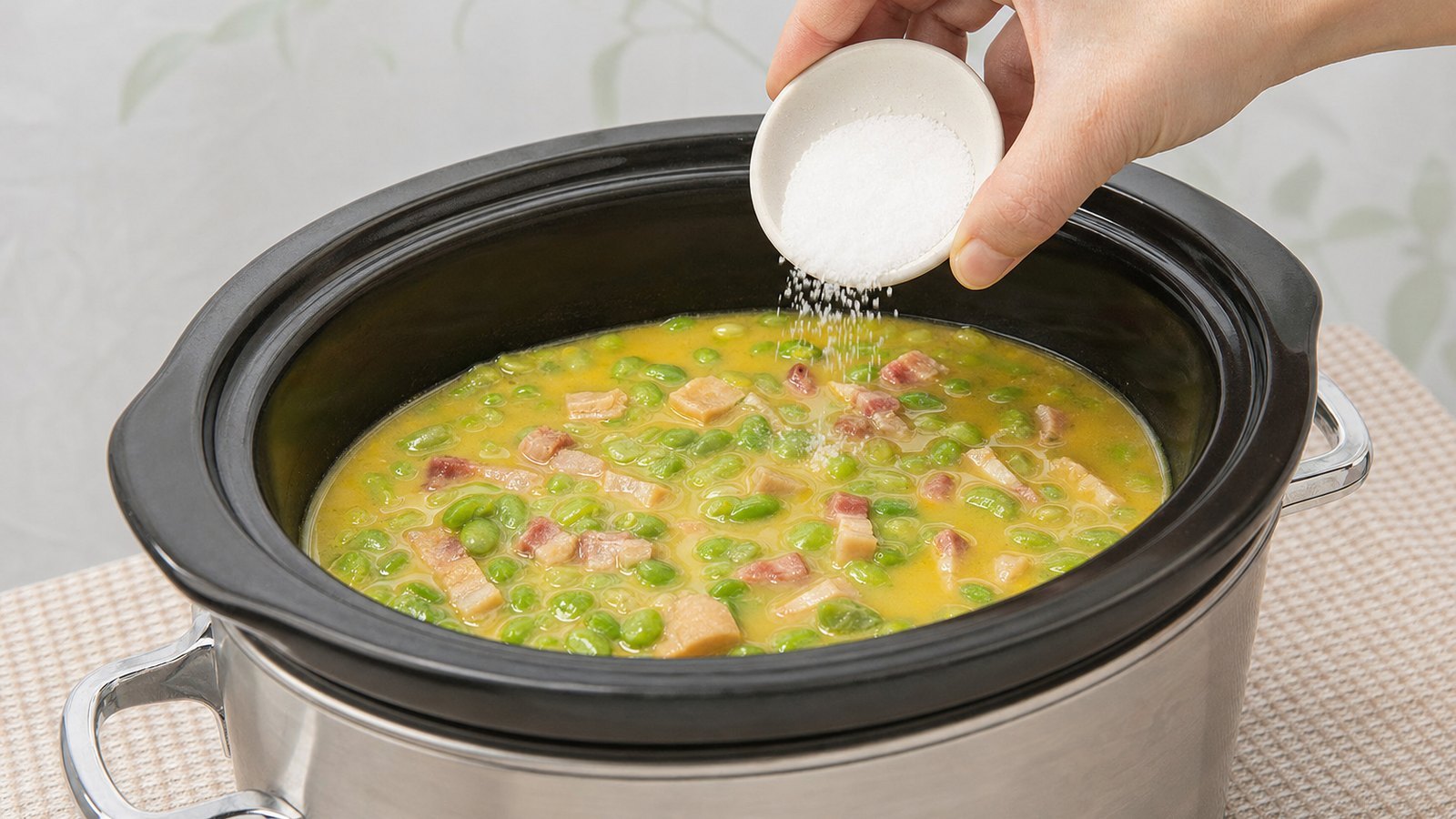 Slow Cooker Split Pea Soup with Ham: Taste and add salt 1/4 teaspoon at a time until the flavor is balanced. Cover and cook on HIGH for 10 minutes