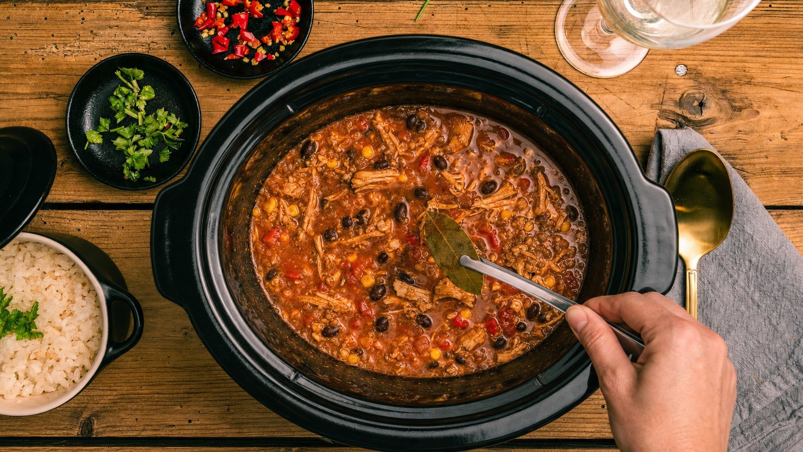 Slow Cooker Turkey Chili: Remove the bay leaf. Taste and adjust with salt, more chili powder or a squeeze of lime. If the chili is thinn