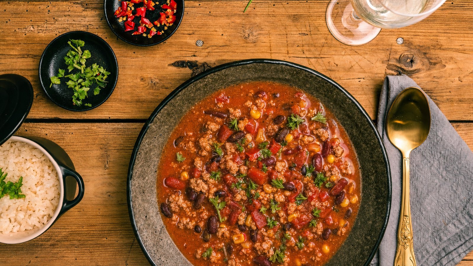 Slow Cooker Turkey Chili, plated and ready to serve