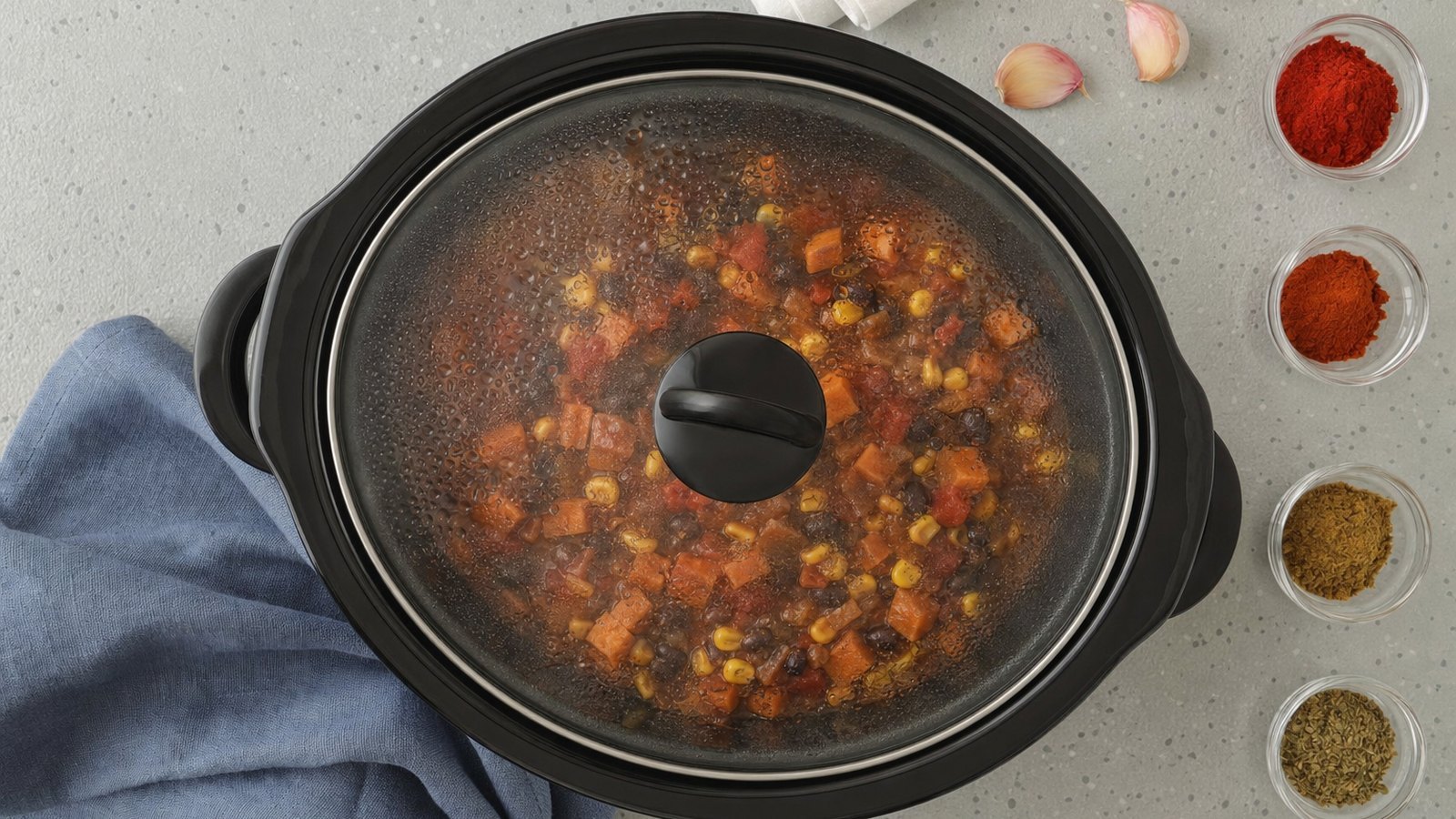Slow Cooker Vegetarian Chili: Cover and cook on LOW for 6 to 8 hours or on HIGH for 3 to 4 hours, until the sweet potato is fork tender and
