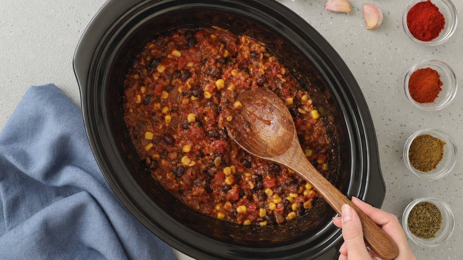Slow Cooker Vegetarian Chili: For a thicker chili, mash about 1 cup of the beans against the side of the insert with a wooden spoon and stir