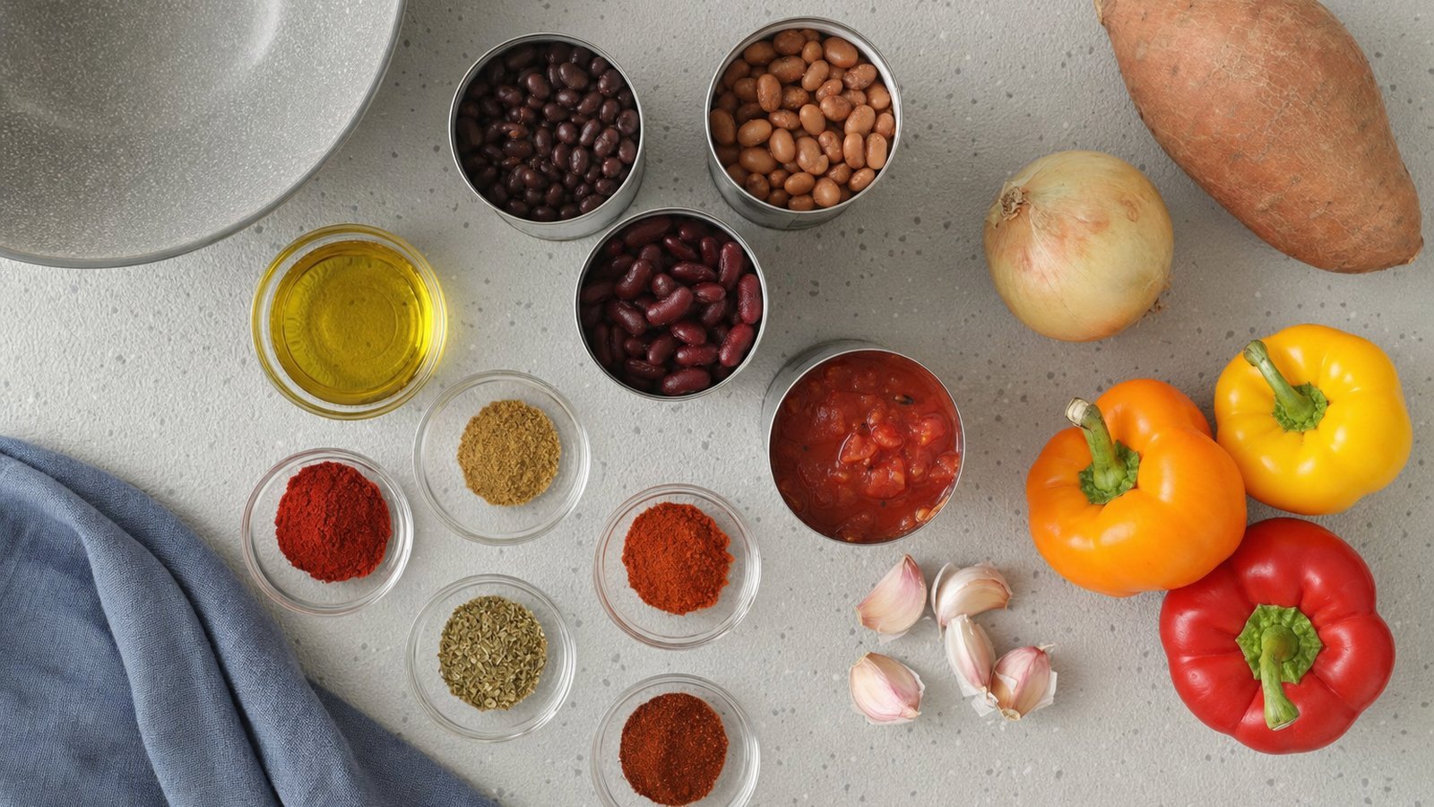 Ingredients for Slow Cooker Vegetarian Chili laid out on the table