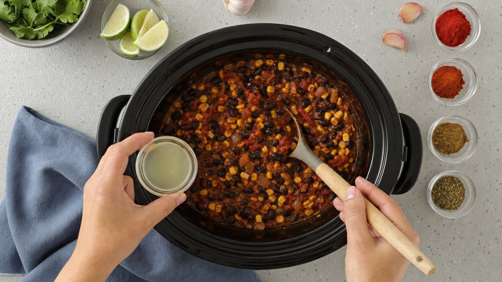 Slow Cooker Vegetarian Chili: Turn off the slow cooker and stir in the lime juice. Taste and add salt in 1/2 tsp increments until the flavor